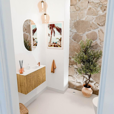 Mondiaz JOYA 70cm toiletmeubel - kleur Oak - Wastafel FAYE positie Rechts 1 kraangat kleur Talc.