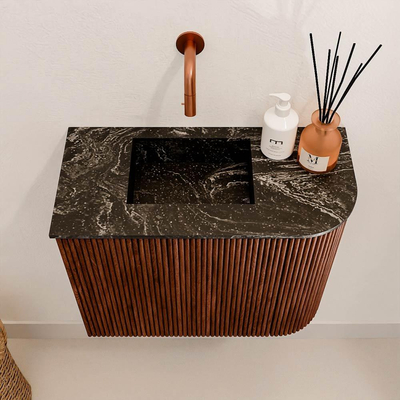 Mondiaz JOYA-DLUX 51.6cm toiletmeubel - ronding rechts kleur Ruby - Wastafel FAYE positie Links Zonder kraangat kleur Lava.