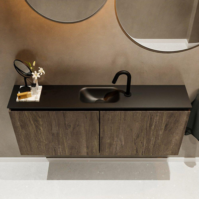 MONDIAZ TURE Fonteinset - 120x23x50cm - 1 kraangat - 2 deuren - dark brown mat - Wasbak midden - Solid Surface Zwart