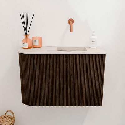 Mondiaz JOYA-DLUX 61.6cm toiletmeubel - ronding links kleur Walnut - Wastafel FAYE positie Rechts Zonder kraangat kleur Nata.