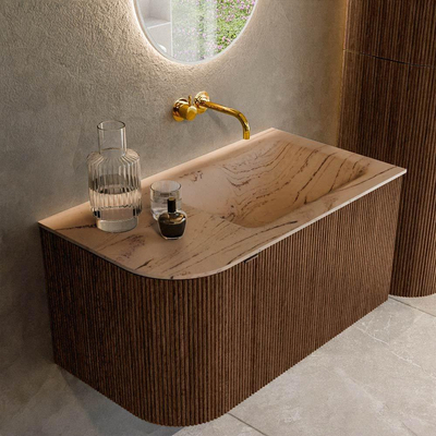 MONDIAZ KURVE-DLUX 85cm badmeubel ronding Links kleur Walnut met 1 lade en 1 deur. Wastafel CLOUD Rechts zonder kraangat Arena.