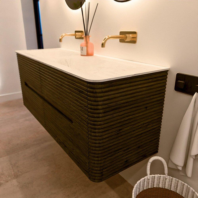 Mondiaz CIRO-DLUX Badkamermeubelset - 130x45x50cm - Solid surface wastafel Opalo - 2 wasbak Dubbel - zonder kraangaten - 4 lades - Shadow