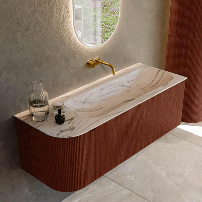 MONDIAZ KURVE-DLUX 125cm badmeubel ronding Links kleur Ruby met 1 lade en 1 deur. Wastafel BIG MEDIUM Rechts zonder kraangat Nata.