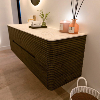 Mondiaz CIRO-DLUX Badkamermeubelset - 150x45x50cm - Solid surface wastafel Ostra - 1 wasbak Links - 1 kraangat - 4 lades - Shadow