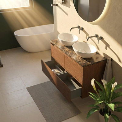 Saniclass Holz Pure Ensemble de meubles de salle de bains - 120x45x63cm - Plan de toilette en pierre naturelle Noche dark emperador - sans trou de robinet - 4 tiroirs - mat walnut pure (bois)