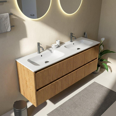 Saniclass Holz Atelier Ensemble meuble de salle de bains - 160x45x61.5cm - lavabo Flow en solid surface blanc - 2 vasques - 2 trous de robinetterie - 4 tiroirs - chêne natural mat (bois)