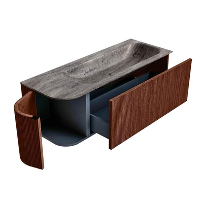 MONDIAZ KURVE-DLUX Meuble de salle de bains 125cm arrondi à gauche couleur Ruby avec 1 tiroir et 1 porte. Lavabo BIG MEDIUM à droite sans trou de robinet Oza.