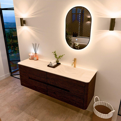 Mondiaz CIRO-DLUX Meuble de salle de bains - 150x45x50cm - Plan-vasque en solid surface Meli - 1 vasque à droite - 1 trou de robinetterie - 4 tiroirs - Noyer