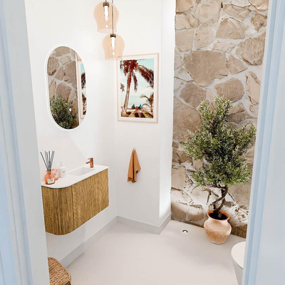 Mondiaz JOYA 61.6cm toiletmeubel - ronding links kleur Oak - Wastafel FAYE positie Rechts 1 kraangat kleur Talc.