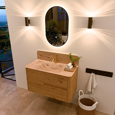 Mondiaz CIRO-DLUX Badkamermeubelset - 90x45x50cm - Solid surface wastafel Arena - 1 wasbak Midden - 1 kraangat - 2 lades - Oak