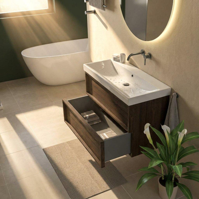 Saniclass Holz Frame Ensemble de meubles de salle de bains - 100x45x67.5cm - Wave lavabo en céramique - 1 vasque - sans trou de robinetterie - 2 tiroirs - chêne charcoal mat (bois)