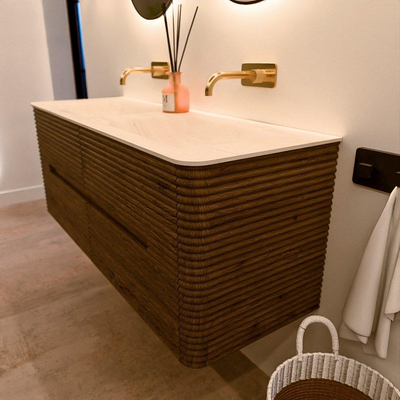 Mondiaz CIRO-DLUX Badkamermeubelset - 130x45x50cm - Solid surface wastafel Meli - 2 wasbak Dubbel - zonder kraangaten - 4 lades - Dusk
