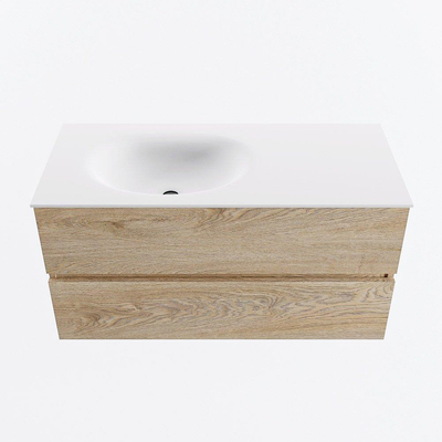 MONDIAZ VICA 100cm badmeubel onderkast Washed Oak 2 lades. Wastafel MOON links 1 kraangat, kleur Talc.