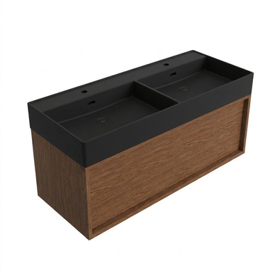 Saniclass Holz Frame Badkamermeubelset - 120x45x52cm - Legend keramische wastafel mat zwart - 2 wasbakken - 2 kraangaten - 1 lade - mat walnut pure (hout)