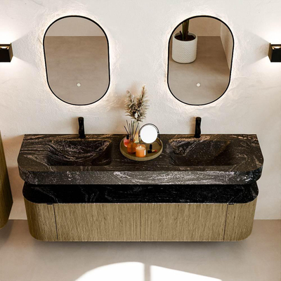 MONDIAZ THOR-DLUX 180cm meuble de salle de bains arrondi gauche + droite couleur Dusk avec 2 tiroirs et 2 portes. Vasque suspendue CLOUD Double 2 trous de robinet couleur Lava.