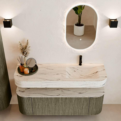 MONDIAZ THOR-DLUX 140cm meuble de salle de bains arrondi gauche + droite couleur Shadow avec 1 tiroir et 2 portes. Vasque suspendue CLOUD droite 1 trou de robinet couleur Nata.