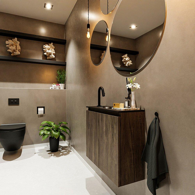 MONDIAZ TURE Kit lave-mains - 60x23x50cm - 1 trou de robinet - 2 portes - marron foncé mat - Lavabo à gauche - Solid Surface Noir