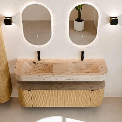 MONDIAZ THOR-DLUX 150cm badmeubel ronding links + rechts kleur Oak met 1 lade en 2 deuren. Vrijhangende wastafel CLOUD Dubbel 2 kraangaten kleur Arena.