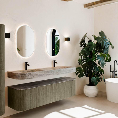 MONDIAZ THOR-DLUX Meuble de salle de bains 170cm arrondi gauche + droite couleur Shadow avec 1 tiroir et 2 portes. Vasque suspendue CLOUD Double 2 trous de robinet couleur Oza.