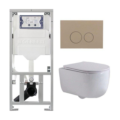 QeramiQ Dely Swirl Ensemble WC - 36.3x51.7cm - réservoir encastré Geberit UP320 - avec cadre Burda - abattant slim - plaque de commande taupe - boutons ronds - blanc brillant