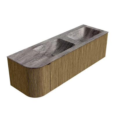 MONDIAZ KURVE-DLUX meuble de salle de bains 145cm arrondi gauche couleur Dusk avec 1 tiroir et 1 porte. Lavabo LEAF double / droit sans trou de robinet Oza.
