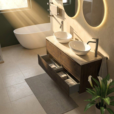 Saniclass Holz Pure Ensemble de meubles de salle de bains - 140x45x63cm - Plateau en pierre naturelle travertin - 2 trous de robinet - 4 tiroirs - chêne charcoal mat (bois)