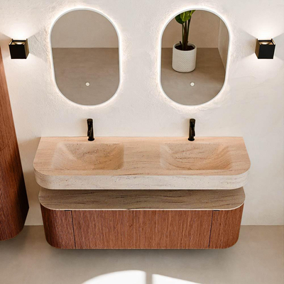 MONDIAZ THOR-DLUX 150cm meuble de salle de bains arrondi gauche + droite couleur Ruby avec 1 tiroir et 2 portes. Vasque suspendue CLOUD Double 2 trous de robinet couleur Saba.