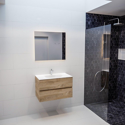 ENSEMBLE DE MEUBLE MONDIAZ VICA - 80cm - 2 tiroirs - lavabo Moon central - 1 trou de robinet - solid surface chêne blanchi