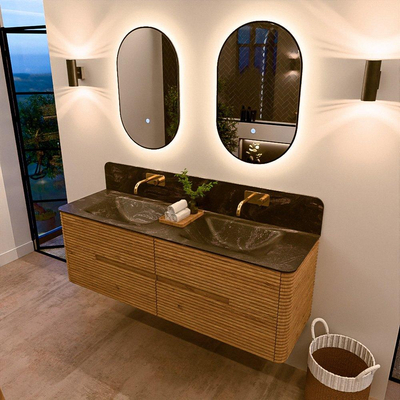 Mondiaz CIRO-DLUX Ensemble de meubles de salle de bains - 150x45x50cm - lavabo solid surface Lava - 2 vasques double - sans trous de robinet - 4 tiroirs - Chêne
