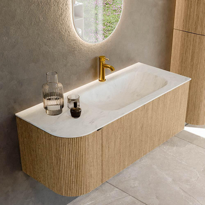 MONDIAZ KURVE-DLUX Meuble de salle de bains 115 cm avec module 25 L couleur Chêne avec 1 tiroir et 1 porte. Lavabo BIG SMALL à droite 1 trou de robinet couleur Opalo.