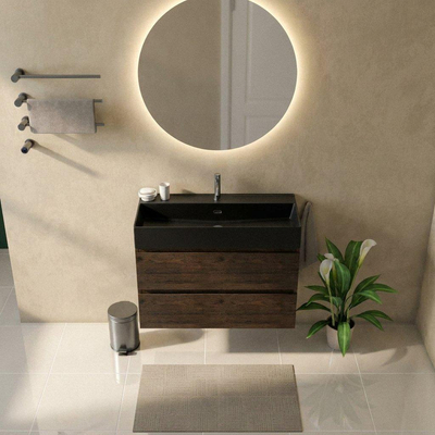 Saniclass Holz Pure Badkamermeubelset - 100x45x72cm - Legend keramische wastafel mat zwart - 1 wasbak - 1 kraangat - 2 lades - mat eiken charcoal (hout)