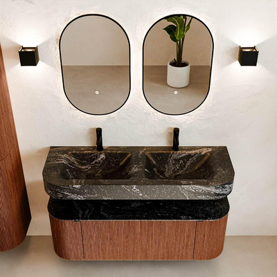 MONDIAZ THOR-DLUX 130cm meuble de salle de bains arrondi gauche + droite couleur Ruby avec 1 tiroir et 2 portes. Vasque suspendue CLOUD Double 2 trous de robinet couleur Lava.