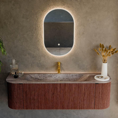 MONDIAZ KURVE-DLUX 150cm badmeubel ronding Links + Rechts kleur Ruby met 1 lade en 2 deuren. Wastafel BIG MEDIUM Midden 1 kraangat Oza.