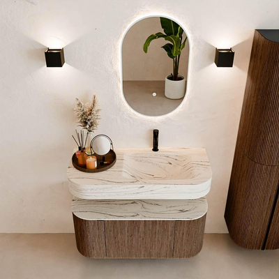 MONDIAZ THOR-DLUX 100cm meuble de salle de bains arrondi gauche + droite couleur Walnut avec 1 tiroir et 2 portes. Vasque suspendue CLOUD droite 1 trou de robinet couleur Nata.