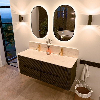 Mondiaz CIRO-DLUX Badkamermeubelset - 130x45x50cm - Solid surface wastafel Meli - 2 wasbak Dubbel - 2 kraangaten - 4 lades - Shadow