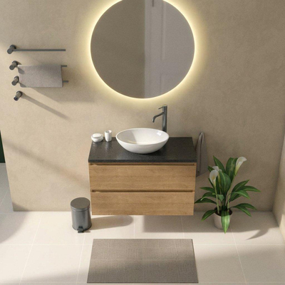 Saniclass Holz Pure Ensemble de meubles de salle de bains - 100x45x63cm - Plan vasque en basalte Noche poli (noir) - 1 trou de robinet - 2 tiroirs - chêne natural mat (bois)