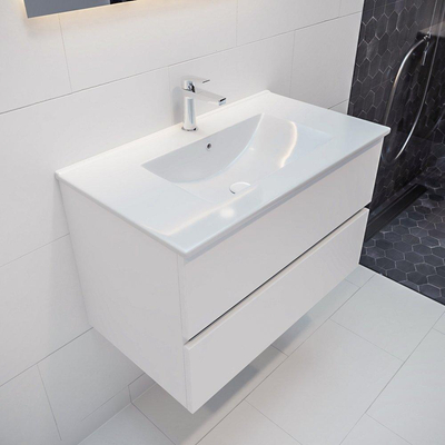 MONDIAZ VICA Badkamermeubelset - 80cm - 2 lades - wasbak Denia midden - 1 kraangat - keramiek talc