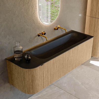 MONDIAZ KURVE 145cm badmeubel met module 25 L kleur Oak met 1 lade en 1 deur. Wastafel BIG LARGE rechts zonder kraangat Urban.