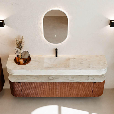 MONDIAZ THOR-DLUX Meuble de salle de bains - 190cm - arrondi gauche + droite - couleur Ruby - 2 tiroirs - 2 portes - Vasque suspendue CLOUD Centre 1 trou de robinet couleur Ostra