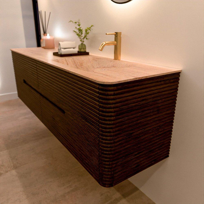 Mondiaz CIRO-DLUX Badkamermeubelset - 170x45x50cm - Solid surface wastafel Saba - 1 wasbak Rechts - 1 kraangat - 4 lades - Walnut