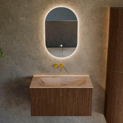 MONDIAZ KURVE-DLUX 80cm badmeubel kleur Walnut met 1 lade en 0 deuren. Wastafel BIG SMALL Midden zonder kraangat Arena.