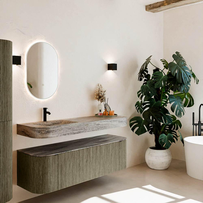 MONDIAZ THOR-DLUX 150cm meuble de salle de bains arrondi gauche + droite couleur Shadow avec 1 tiroir et 2 portes. Vasque suspendue CLOUD Gauche 1 trou de robinet couleur Oza.