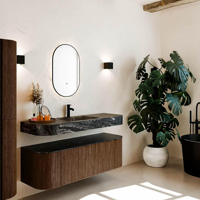 MONDIAZ THOR-DLUX 140cm meuble de salle de bains arrondi gauche + droite couleur Walnut avec 1 tiroir et 2 portes. Vasque suspendue CLOUD Milieu 1 trou de robinet couleur Lava.