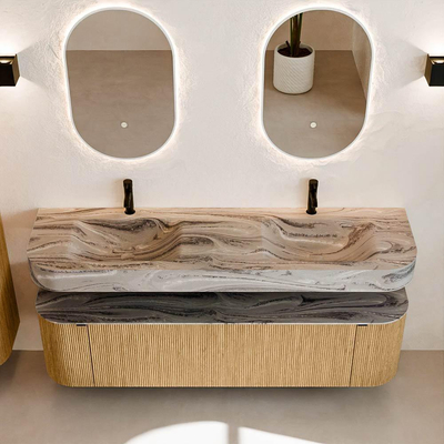 MONDIAZ THOR-DLUX 170cm badmeubel ronding links + rechts kleur Oak met 1 lade en 2 deuren. Vrijhangende wastafel CLOUD Dubbel 2 kraangaten kleur Sombra.