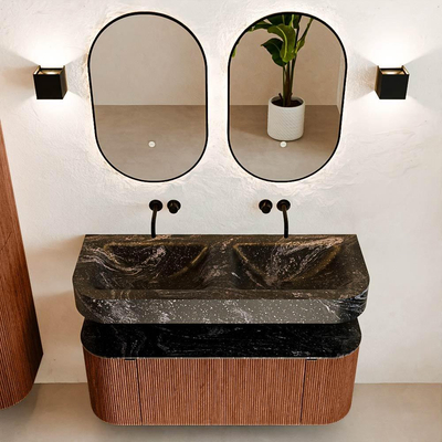 MONDIAZ THOR-DLUX 120cm meuble de salle de bains arrondi gauche + droite couleur Ruby avec 1 tiroir et 2 portes. Vasque suspendue CLOUD Double sans trou de robinet couleur Lava.