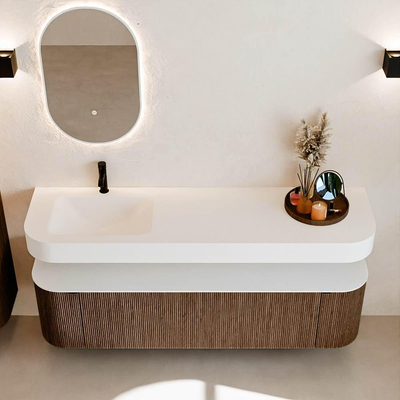 MONDIAZ THOR Meuble de salle de bains 170cm arrondi gauche + droite couleur Walnut avec 1 tiroir et 2 portes. Vasque suspendue CLOUD gauche 1 trou de robinet couleur Talc.