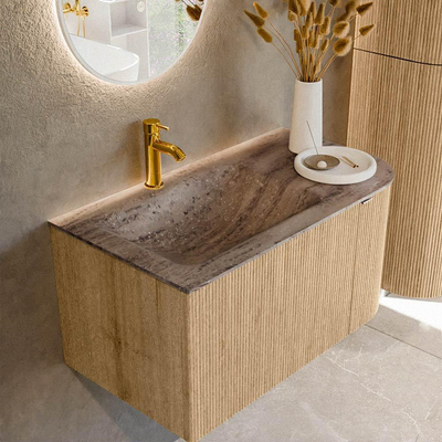 MONDIAZ KURVE-DLUX Meuble de salle de bains 85cm arrondi à droite couleur chêne avec 1 tiroir et 1 porte. Lavabo CLOUD gauche 1 trou de robinet Oza.