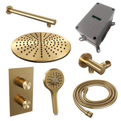 Brauer Gold Edition Ensemble de douche pluie encastrable - pomme de douche 30cm - bouton lisse - douchette ronde 3 jets - PVD - or brossé