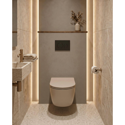 QeramiQ Dely Swirl Toiletset - 36.3x51.7cm - Geberit UP320 inbouwreservoir - met Burda frame - slim zitting - mat zwarte bedieningsplaat - ronde knoppen - mat beige