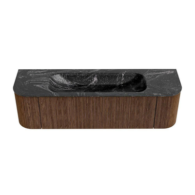 MONDIAZ KURVE-DLUX 160cm Meuble salle de bain avec module 25 G et D - couleur Walnut - 1 tiroir - 2 portes - vasque BIG MEDIUM centre - sans trou de robinet - couleur Lava